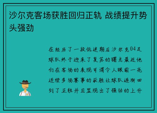 沙尔克客场获胜回归正轨 战绩提升势头强劲