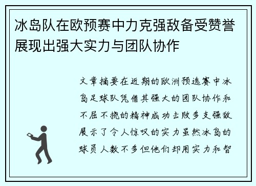 冰岛队在欧预赛中力克强敌备受赞誉展现出强大实力与团队协作