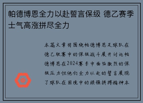 帕德博恩全力以赴誓言保级 德乙赛季士气高涨拼尽全力