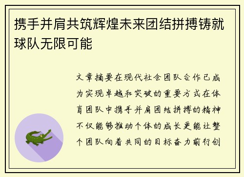 携手并肩共筑辉煌未来团结拼搏铸就球队无限可能