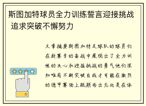 斯图加特球员全力训练誓言迎接挑战 追求突破不懈努力