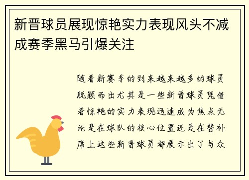 新晋球员展现惊艳实力表现风头不减成赛季黑马引爆关注