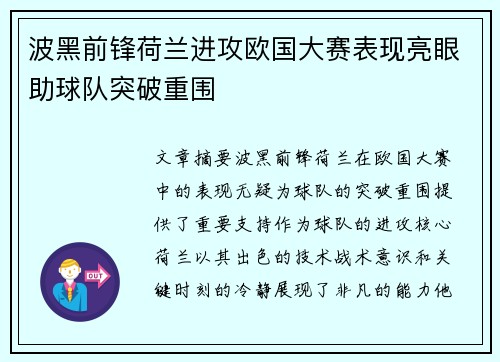 波黑前锋荷兰进攻欧国大赛表现亮眼助球队突破重围