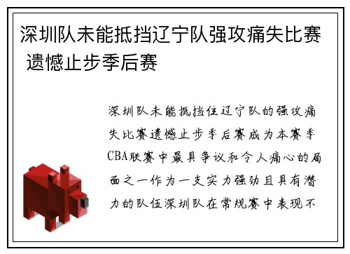 深圳队未能抵挡辽宁队强攻痛失比赛 遗憾止步季后赛