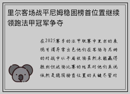 里尔客场战平尼姆稳固榜首位置继续领跑法甲冠军争夺